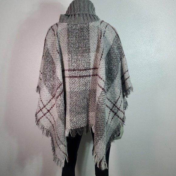 Roots Canada Poncho One Size Wool Blend Fringe Cowl Neck Cape Plaid Gray Sweater - Picture 4 of 9